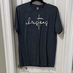 Gildan Dark Charcoal Short Sleeve Tee with White 'christmas' Script & Cross